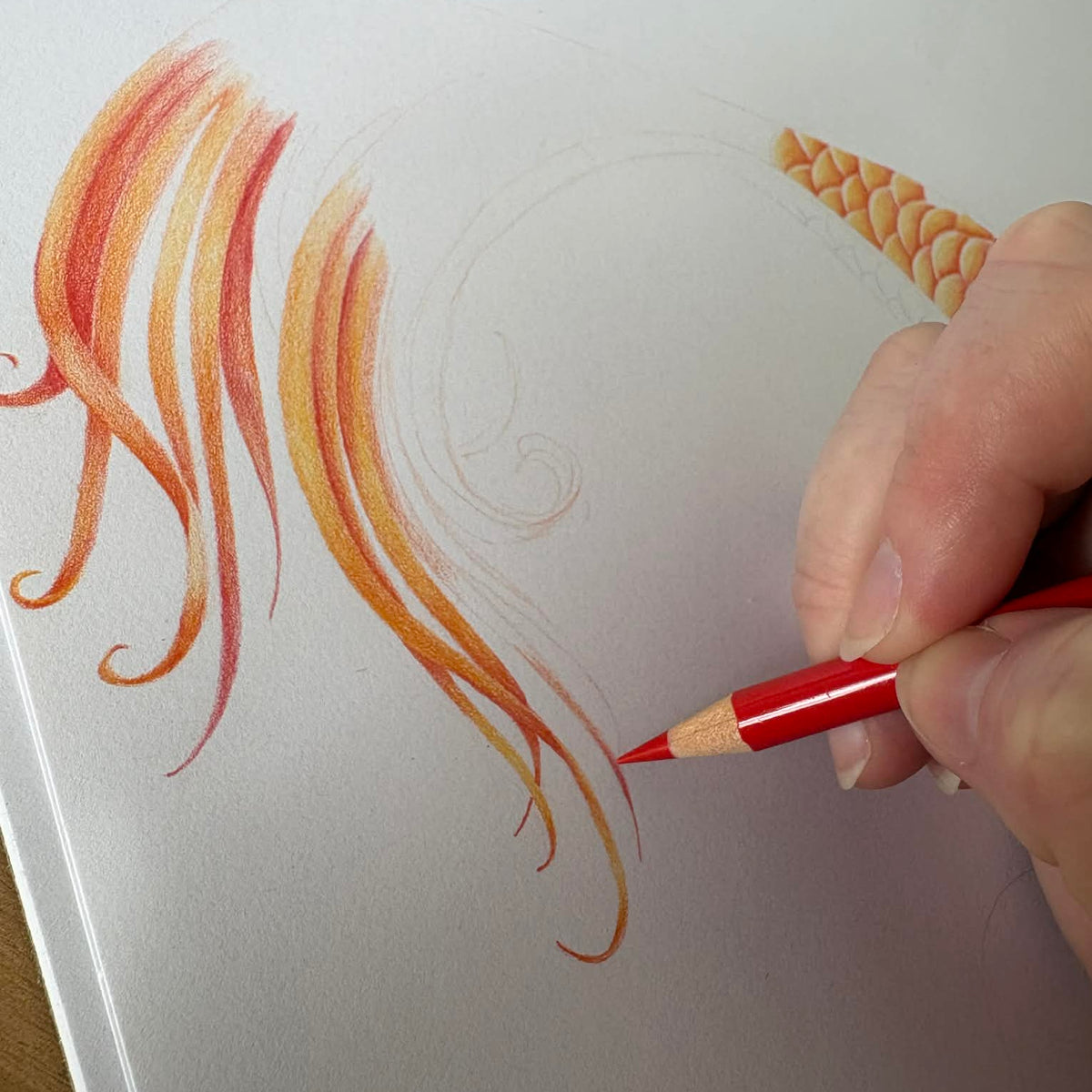 Hand drawing with a red pencil on white paper