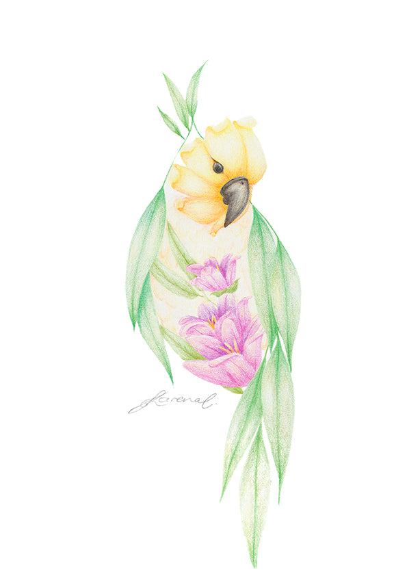 Illustration of a yellow parrot with purple flowers and green leaves on a white background